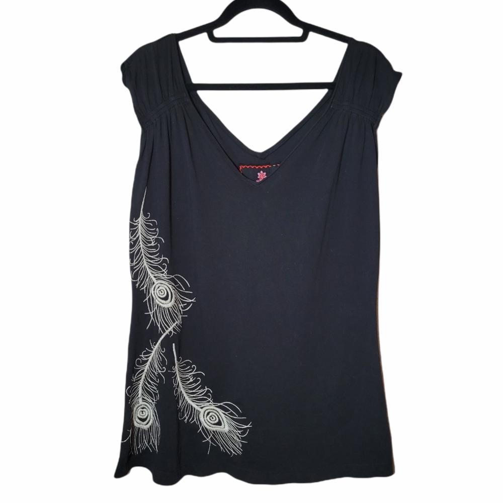 Johnny Was black embroidered v neck tank feather